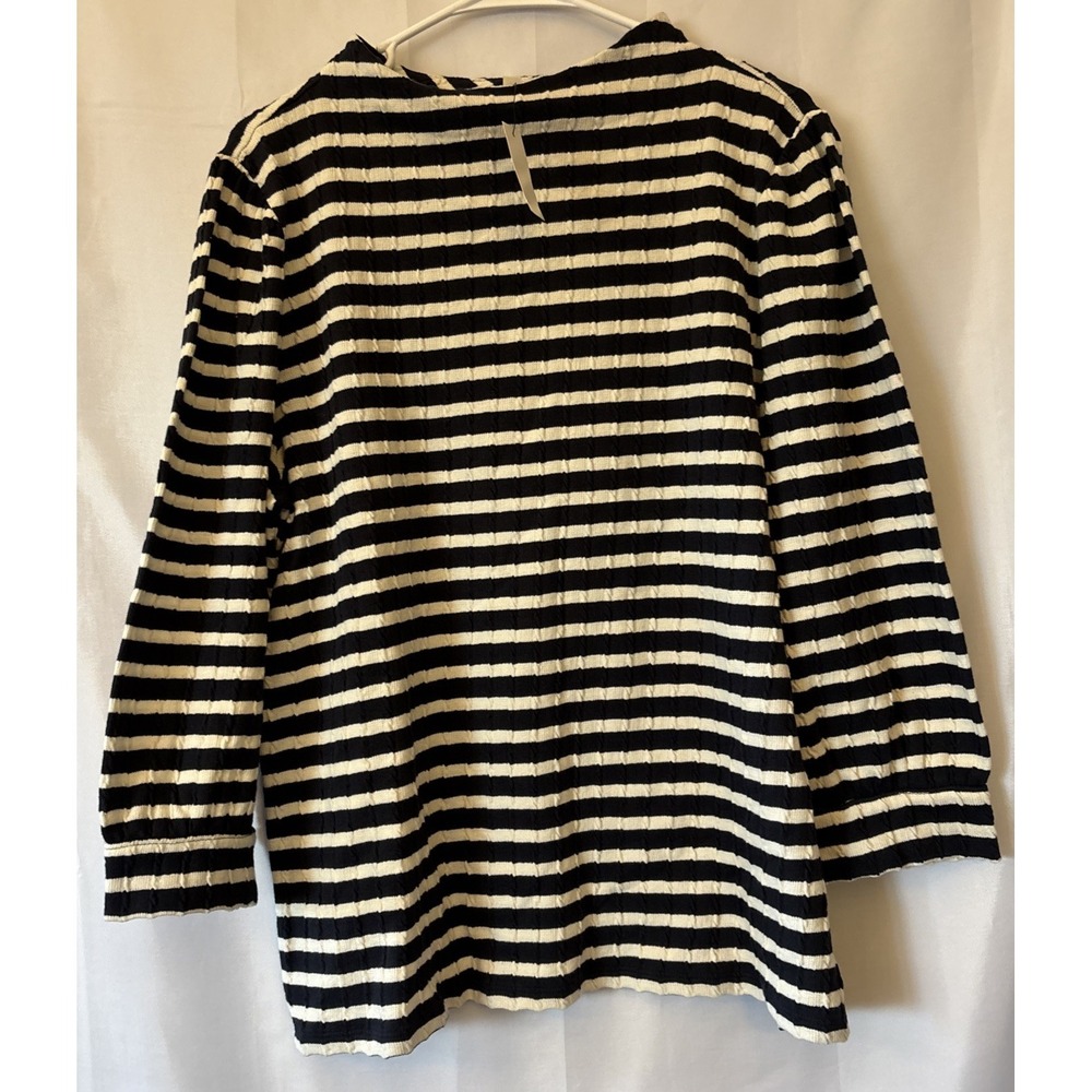 Talbots Women Striped Mock Neck 3/4 Sleeve Knit Pullover Sweater Black White XL